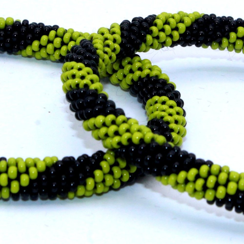 Set of 2 Black and Green Colors Pattern Roll Over Handmade Glass Beaded Bracelet